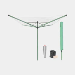 Brabantia Lift-o-Matic Droogmolen 50 Meter Met Grondanker, Beschermhoes, Wasknijpertasje En Wasknijpers - Leaf Green